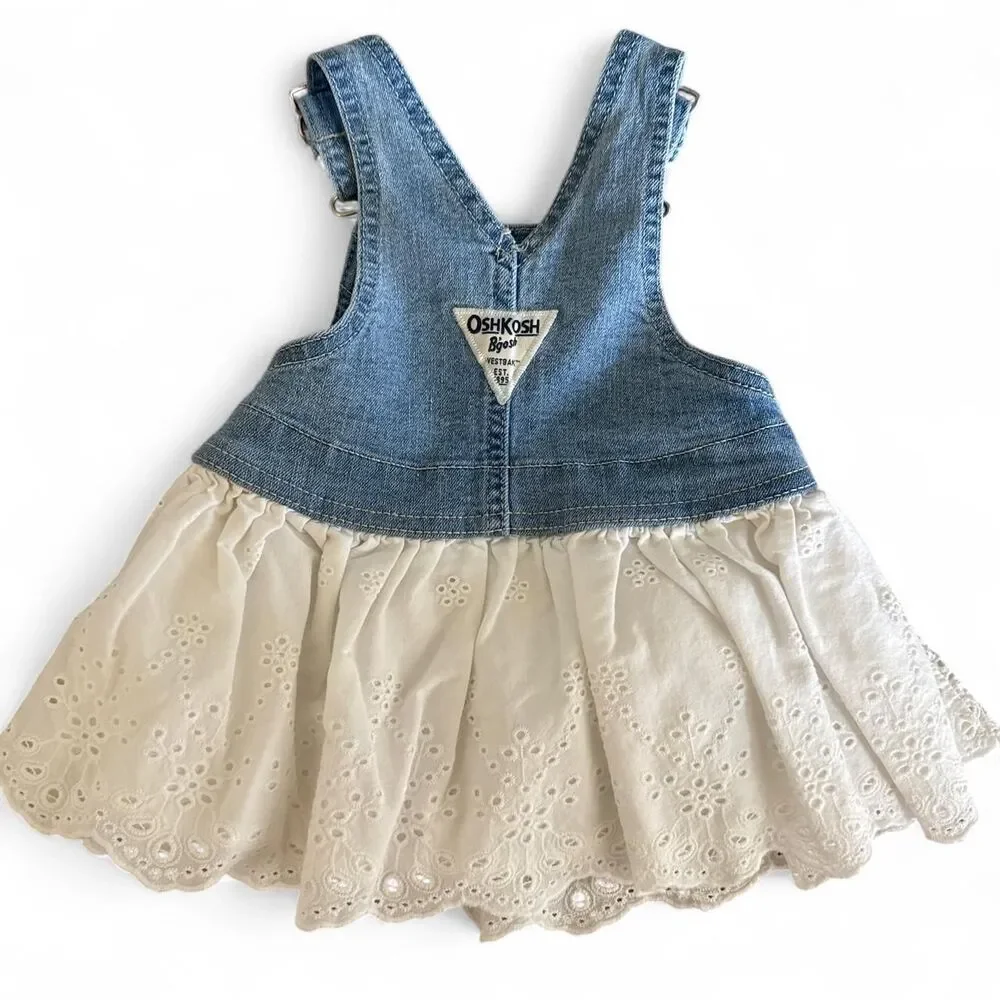 OshKosh B’gosh Baby Girl Denim Eyelet Overall Dress with Bloomers | 6 Months